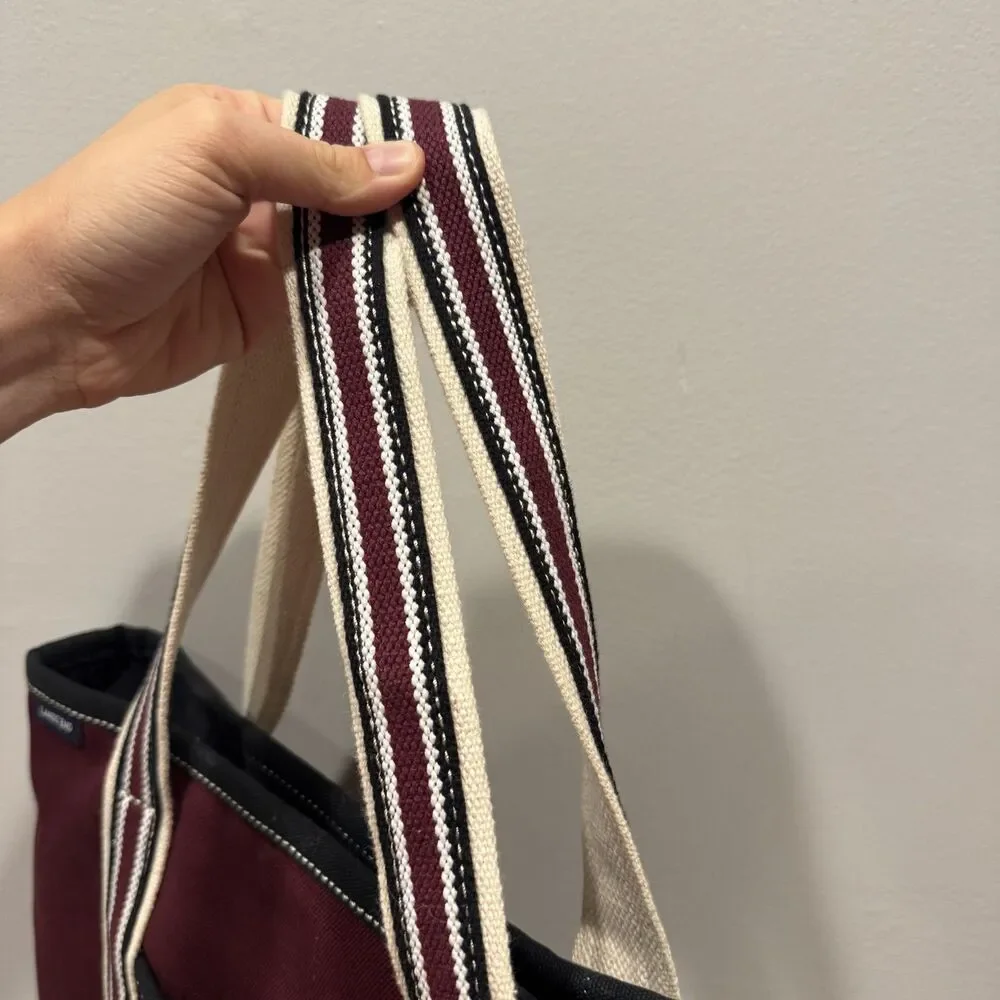 Vintage Lands' End Canvas Tote Bag Burgundy Black Boat Striped Handles 13x17